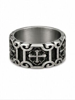 Silver Filled Stainless Steel Gothic Castlecore Cross Band Ring Size 10